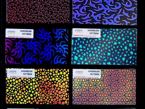 Etched 1 x 1 CBS Dichroic Patterned Squares on Thin Black Glass. Mixed Lot  of 20 Squares Per Pack. COE96